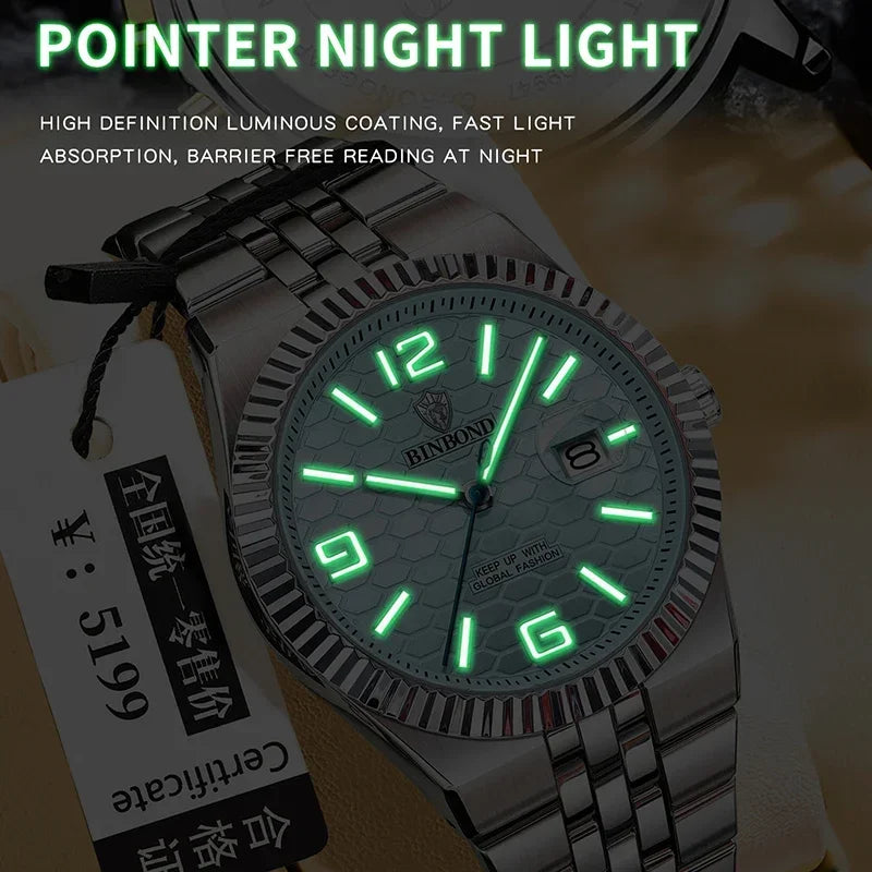 BINBOND Top Business Men's Watches Stainless Steel Textured Luminous Dial Leisure Quartz Watch Waterproof Outdoor Sports Watch