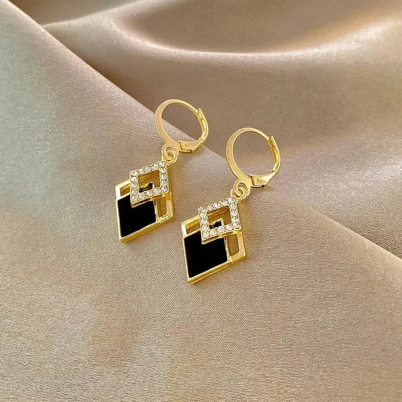 Trending Black Rhinestone Statement Earrings for Women  Korean Gold Color Buckle Pendants Hanging Designer Earrings Jewelry theelegancejewellery