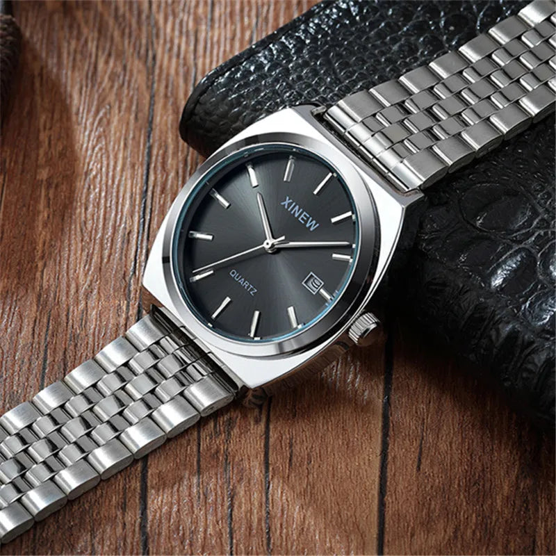 Genuine XINEW Brand Men Watches Silver Students Boys Fashion Full Stainless Steel Band Date Quartz Watch Relogios Masculinos