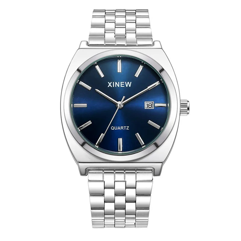 Genuine XINEW Brand Men Watches Silver Students Boys Fashion Full Stainless Steel Band Date Quartz Watch Relogios Masculinos
