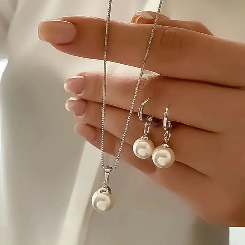 Fashion Elegant Imitation Pearl Pendant Jewelry Set for Women Vintage Gold Color Chain Necklace Earring Girl Wedding Party Gifts theelegancejewellery