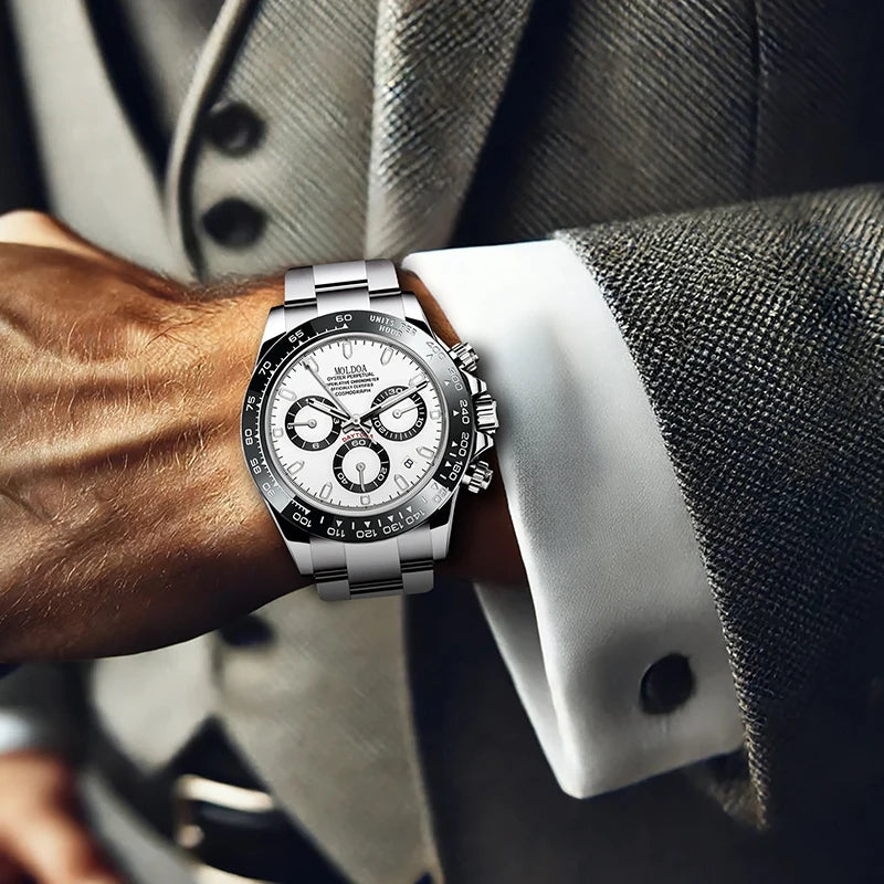 A men's silver and black business-casual niche three-dial calendar watch with a steel strap