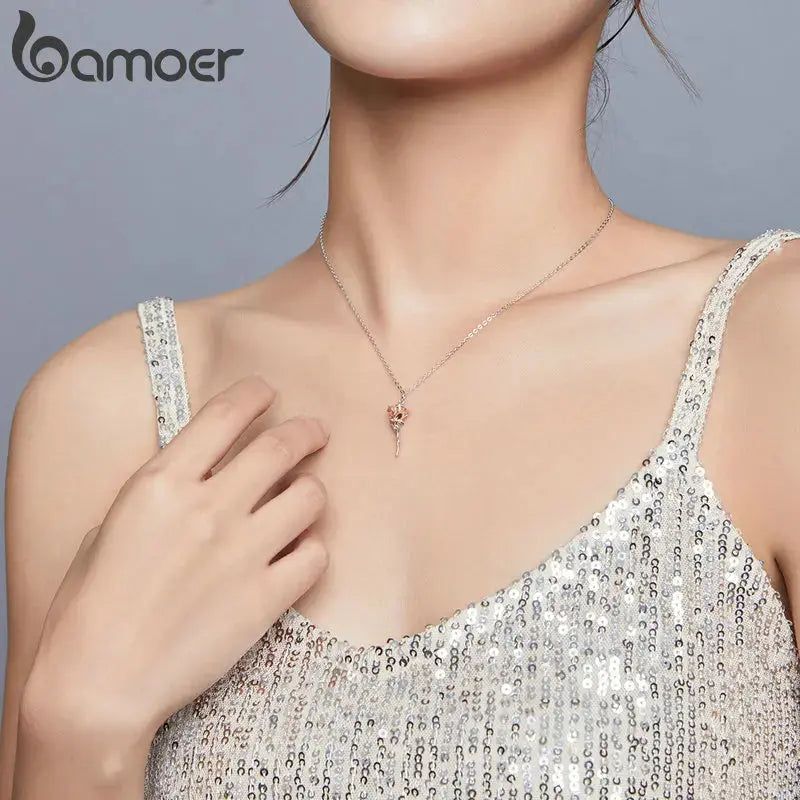 bamoer Sterling Silver 925 Graceful Rose Pendant Necklace for Women Chain Necklaces Plated platinum Jewelry BSN190 theelegancejewellery