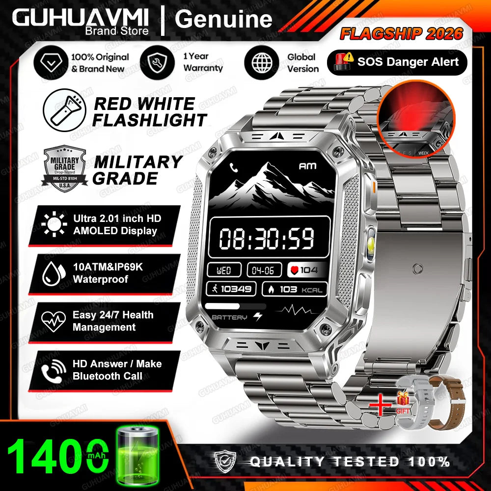 2026 New 1400mAh Big Battery Smart Watch Men Outdoor GPS Flashlight 10ATM Waterproof Bluetooth Call AMOLED HD Sports Smartwatch