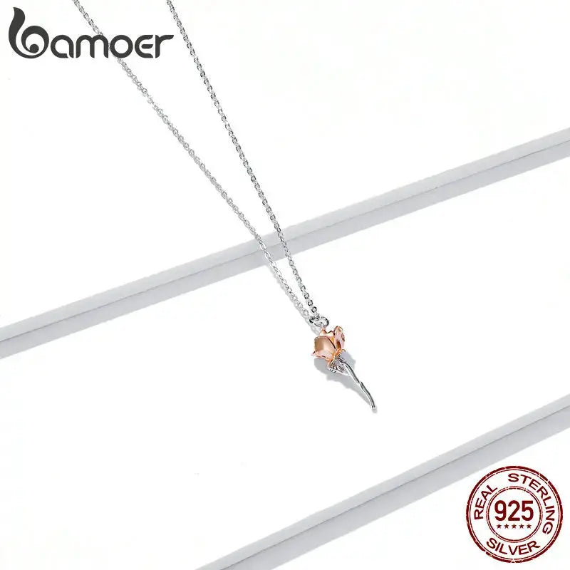 bamoer Sterling Silver 925 Graceful Rose Pendant Necklace for Women Chain Necklaces Plated platinum Jewelry BSN190 theelegancejewellery
