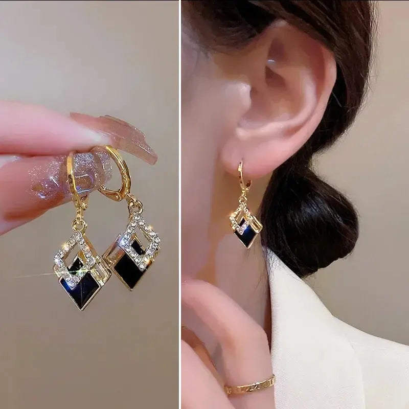 Trending Black Rhinestone Statement Earrings for Women  Korean Gold Color Buckle Pendants Hanging Designer Earrings Jewelry theelegancejewellery