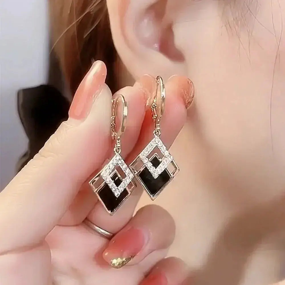 Trending Black Rhinestone Statement Earrings for Women  Korean Gold Color Buckle Pendants Hanging Designer Earrings Jewelry theelegancejewellery