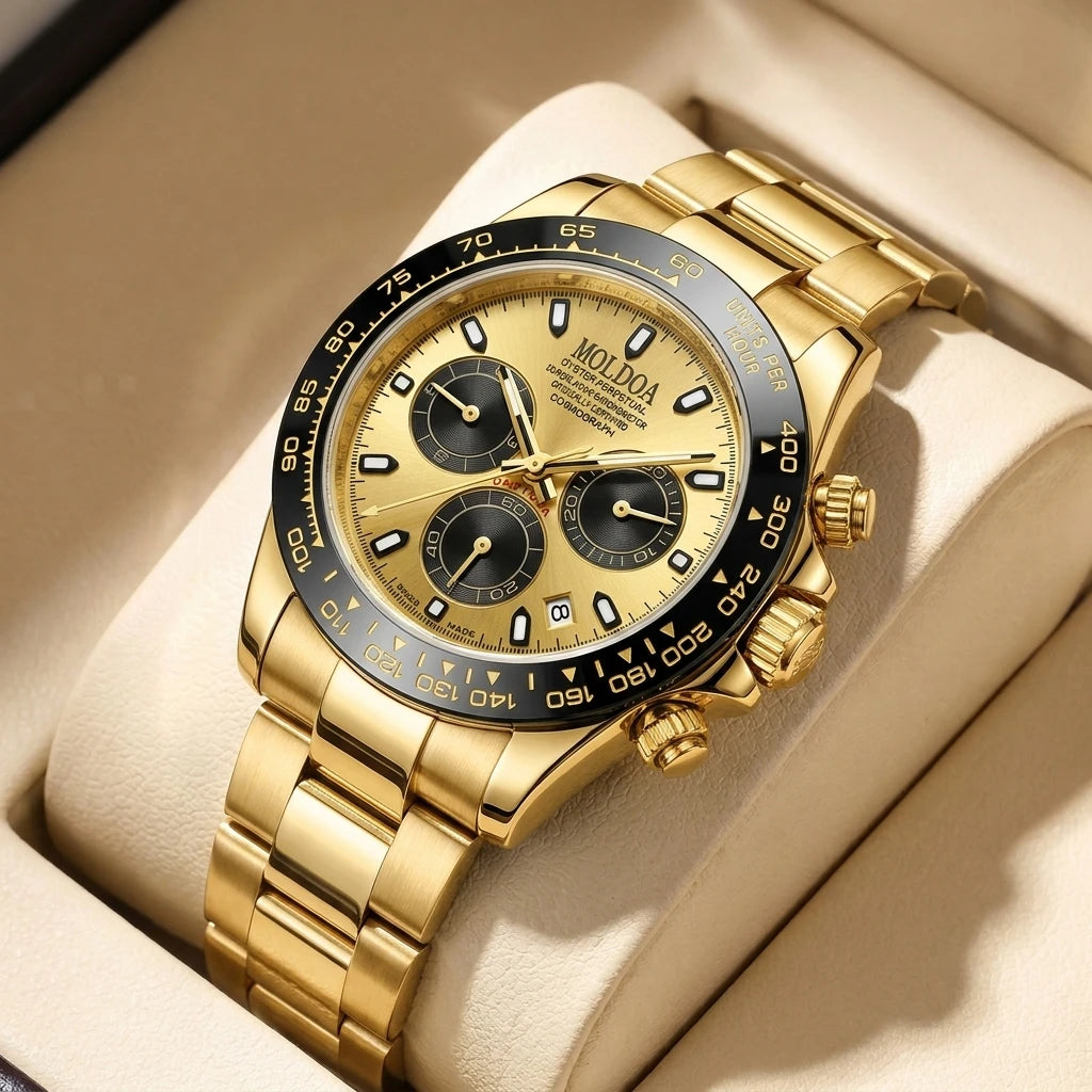 A men's silver and black business-casual niche three-dial calendar watch with a steel strap