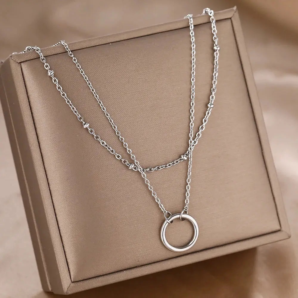 Stainless Steel Necklaces Trending Products Circle Pendant Bead Layer Chain Light Luxury Choker Fine Necklace For Women Jewelry theelegancejewellery