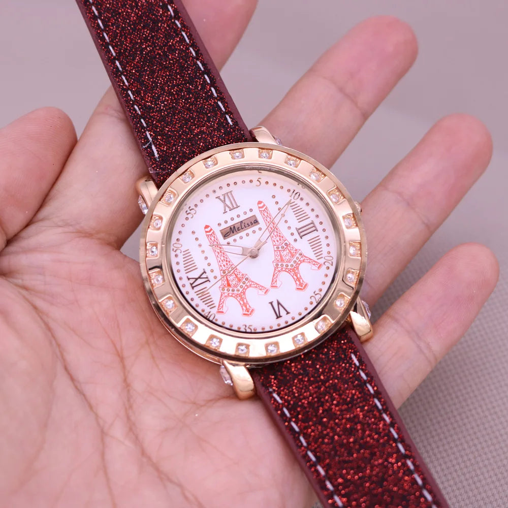 Sale Melissa Luxury Lady Women's Watch Rhinestone Crystal Fashion Hours Bracelet Real Leather Girl Birthday Gift