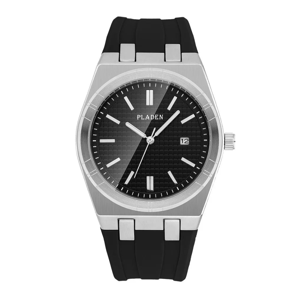 PLADEN Men's Blue Dial Quartz Watch with Silicone Strap Date Display Casual Sports Wristwatch Hot Sale For Gift ﻿