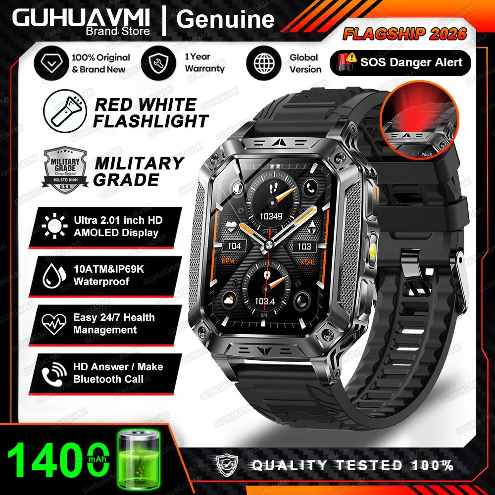 2026 New 1400mAh Big Battery Smart Watch Men Outdoor GPS Flashlight 10ATM Waterproof Bluetooth Call AMOLED HD Sports Smartwatch