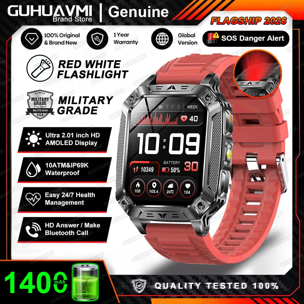 2026 New 1400mAh Big Battery Smart Watch Men Outdoor GPS Flashlight 10ATM Waterproof Bluetooth Call AMOLED HD Sports Smartwatch