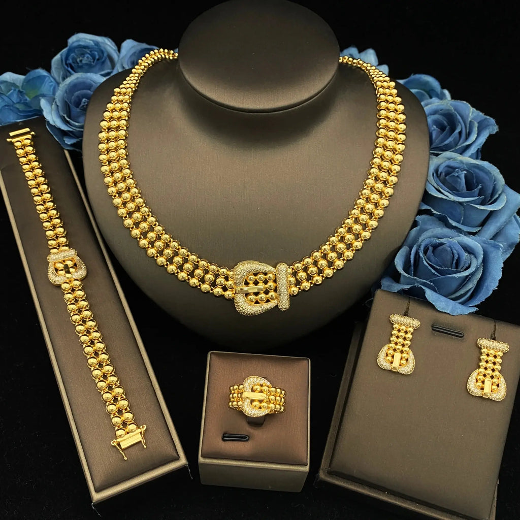 JRH Trendy Women’s Jewelry 4Piece Set Necklace Earrings Ring Bracelet Gold Plated Craf Zircon Design Versatile for Parties Dates theelegancejewellery