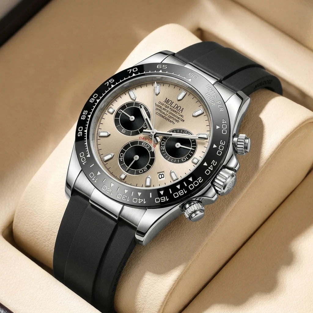 A men's silver and black business-casual niche three-dial calendar watch with a steel strap