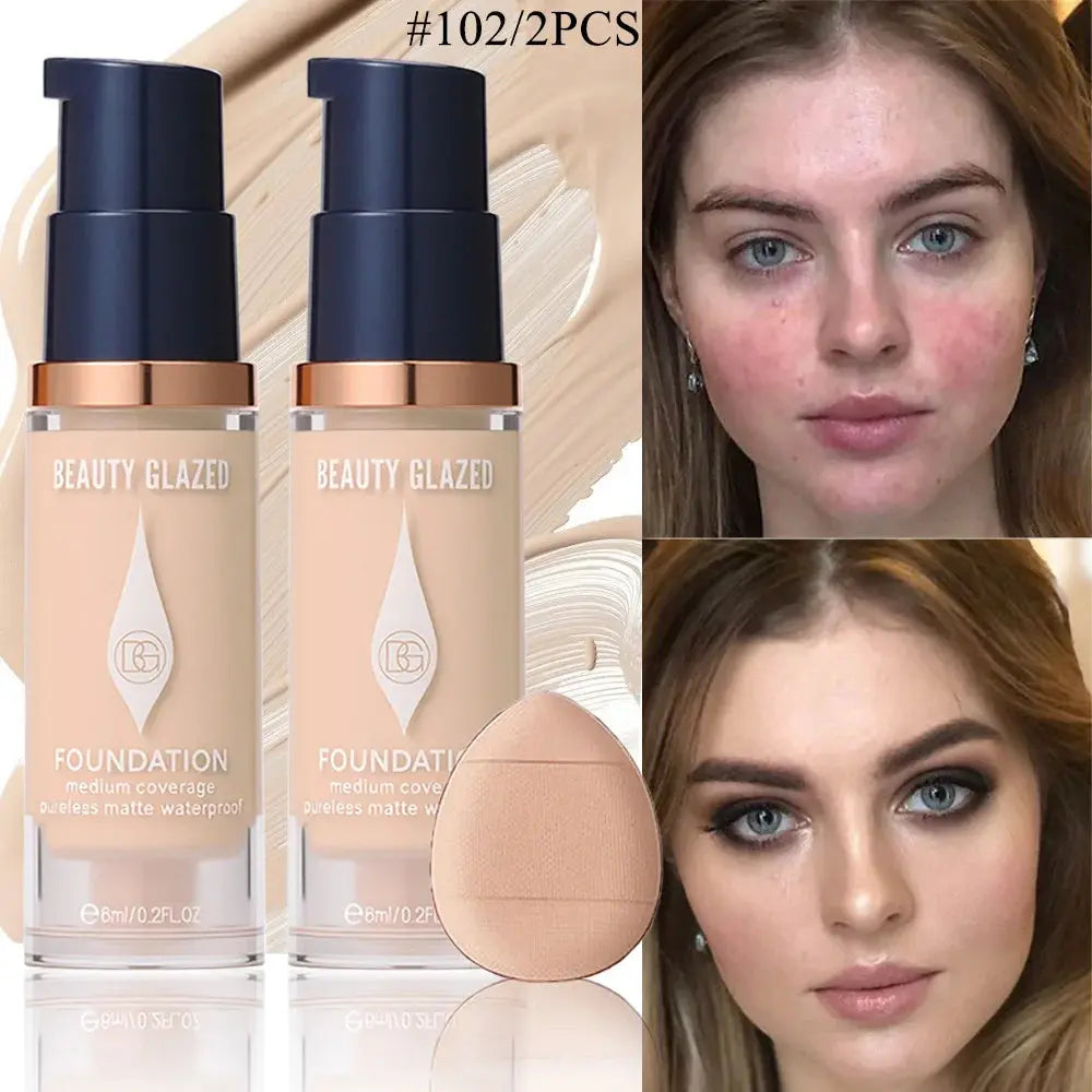 Face Foundation Makeup Set:2 Matte Foundation+1 Puff,Full Coverage,5 Shades,For All Skin Types,Long-Lasting Waterproof,Mini Size theelegancejewellery