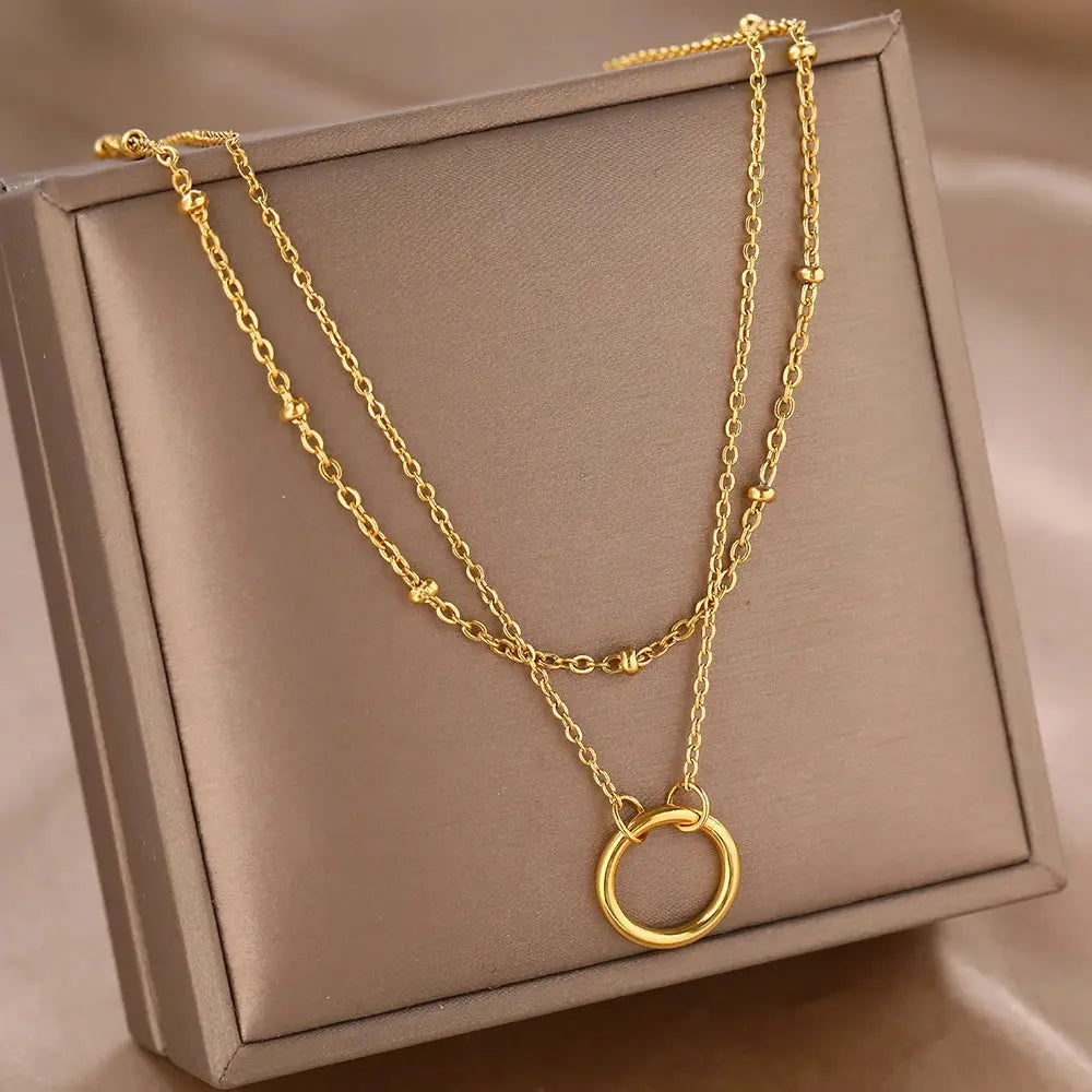 Stainless Steel Necklaces Trending Products Circle Pendant Bead Layer Chain Light Luxury Choker Fine Necklace For Women Jewelry theelegancejewellery