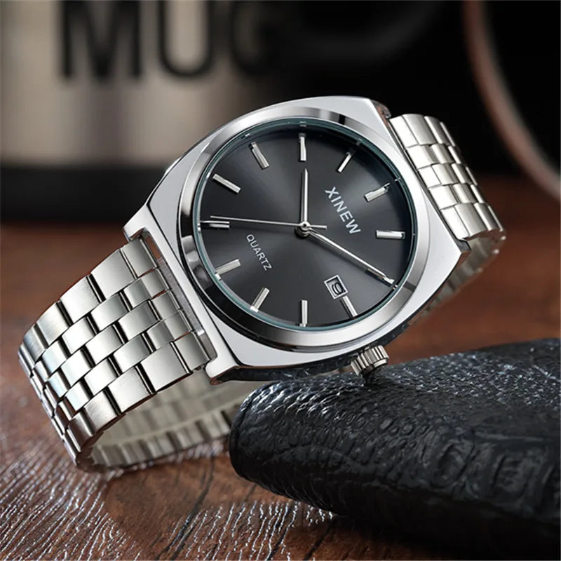 Genuine XINEW Brand Men Watches Silver Students Boys Fashion Full Stainless Steel Band Date Quartz Watch Relogios Masculinos