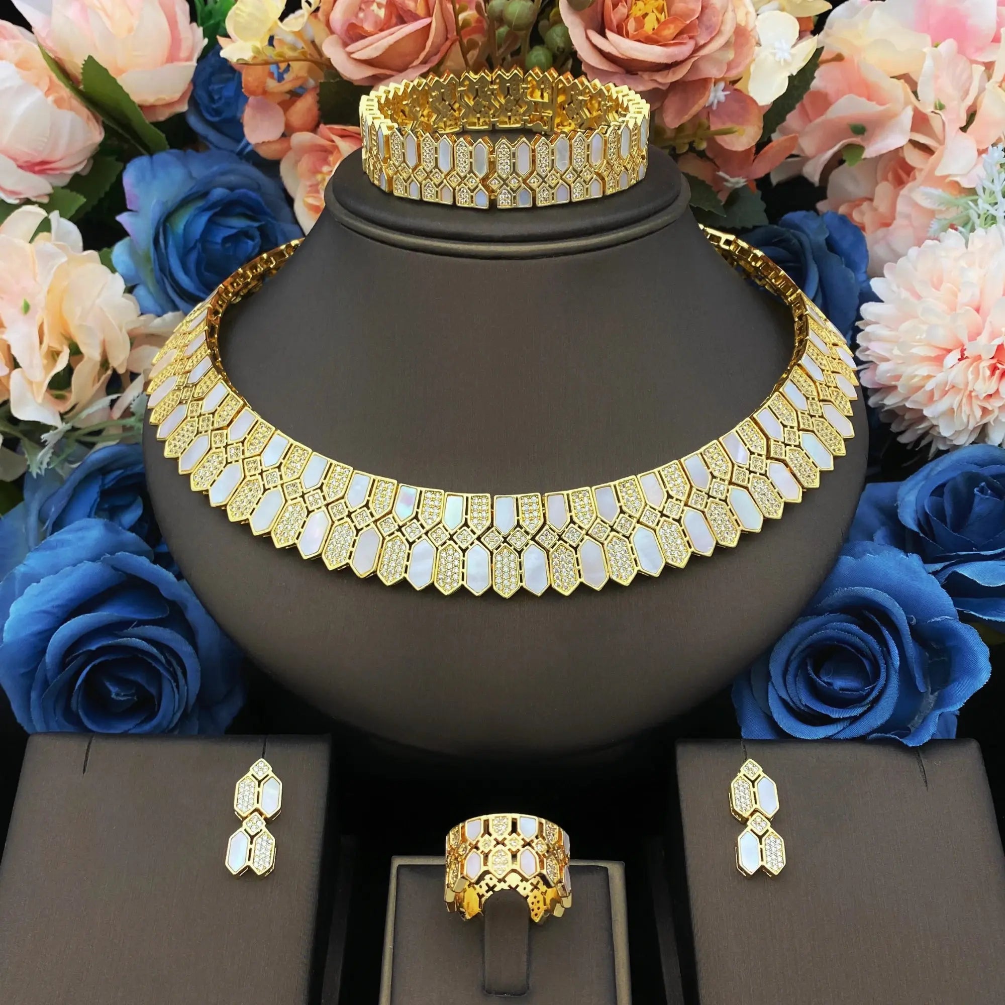 HOT  Jewelry Sets For Woman Wedding Parties Jewellery Necklace Earrings Rings Bracelets For Gift Plating18k With CZ White shell theelegancejewellery