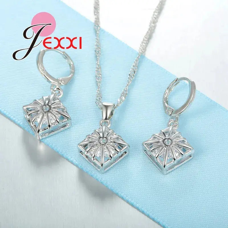 Trendy Women Wedding Jewelry Set 925Sterling Silver Color Color Austrian Crystal Pendant Fashion Necklace + Earrings Set theelegancejewellery