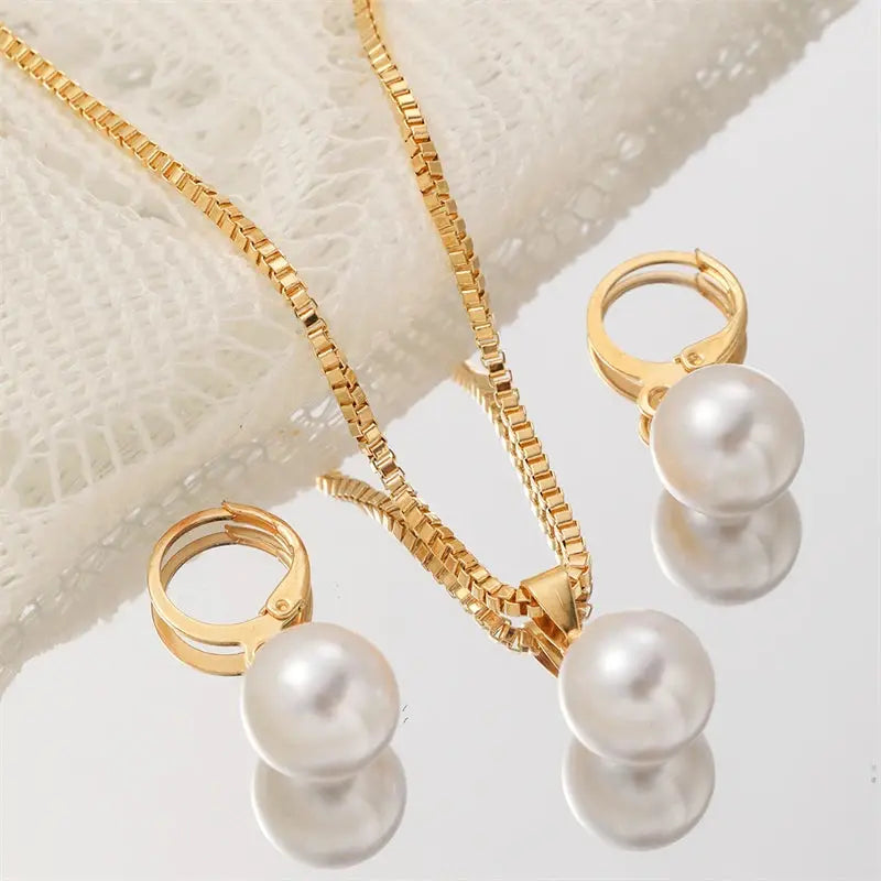 Fashion Elegant Imitation Pearl Pendant Jewelry Set for Women Vintage Gold Color Chain Necklace Earring Girl Wedding Party Gifts theelegancejewellery
