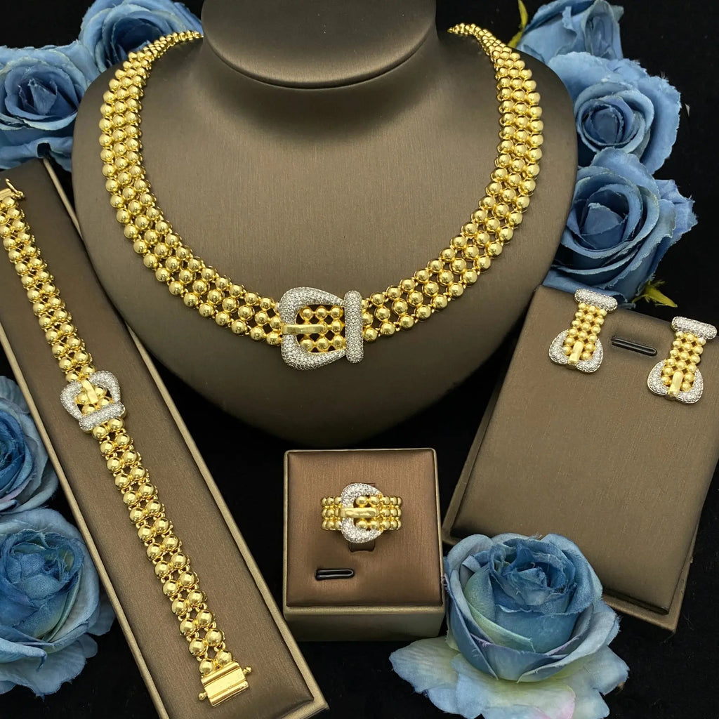 JRH Trendy Women’s Jewelry 4Piece Set Necklace Earrings Ring Bracelet Gold Plated Craf Zircon Design Versatile for Parties Dates theelegancejewellery