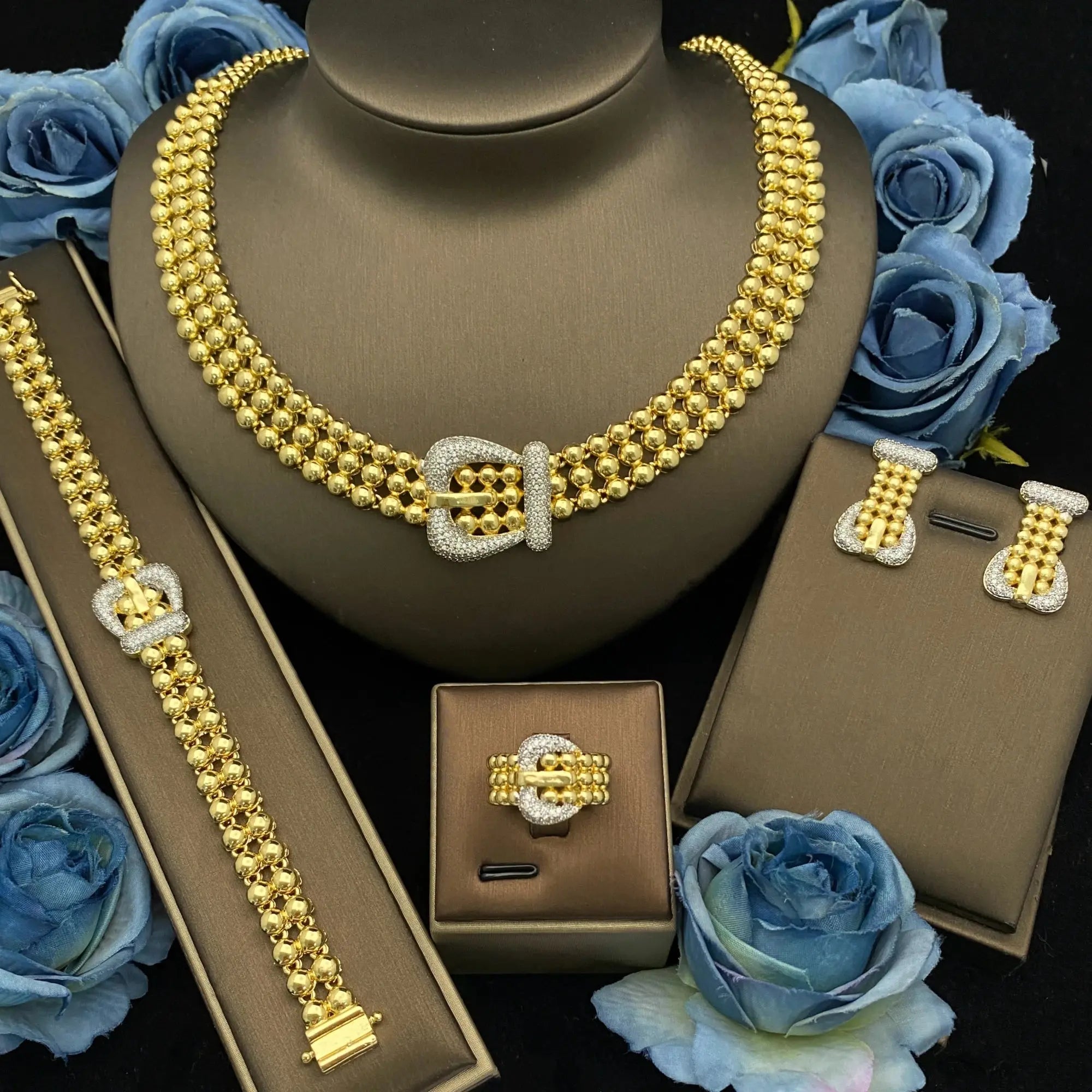 JRH Trendy Women’s Jewelry 4Piece Set Necklace Earrings Ring Bracelet Gold Plated Craf Zircon Design Versatile for Parties Dates theelegancejewellery