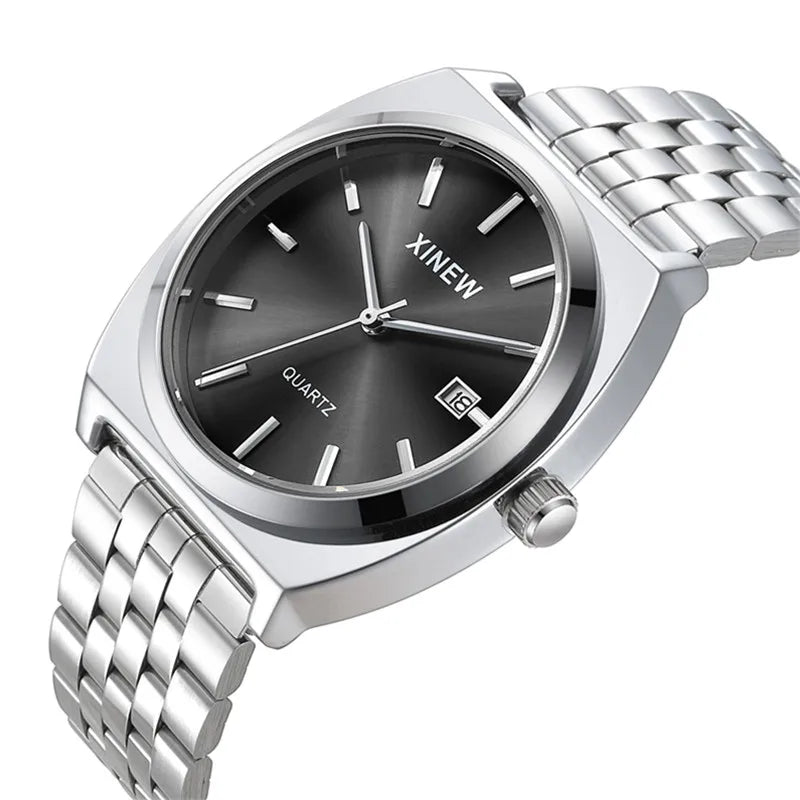 Genuine XINEW Brand Men Watches Silver Students Boys Fashion Full Stainless Steel Band Date Quartz Watch Relogios Masculinos
