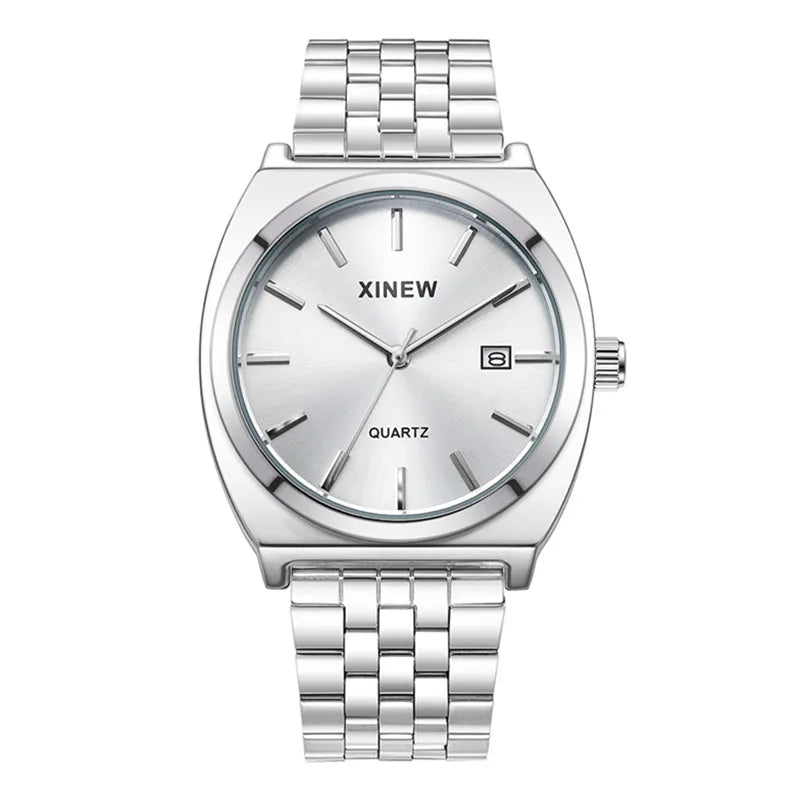 Genuine XINEW Brand Men Watches Silver Students Boys Fashion Full Stainless Steel Band Date Quartz Watch Relogios Masculinos