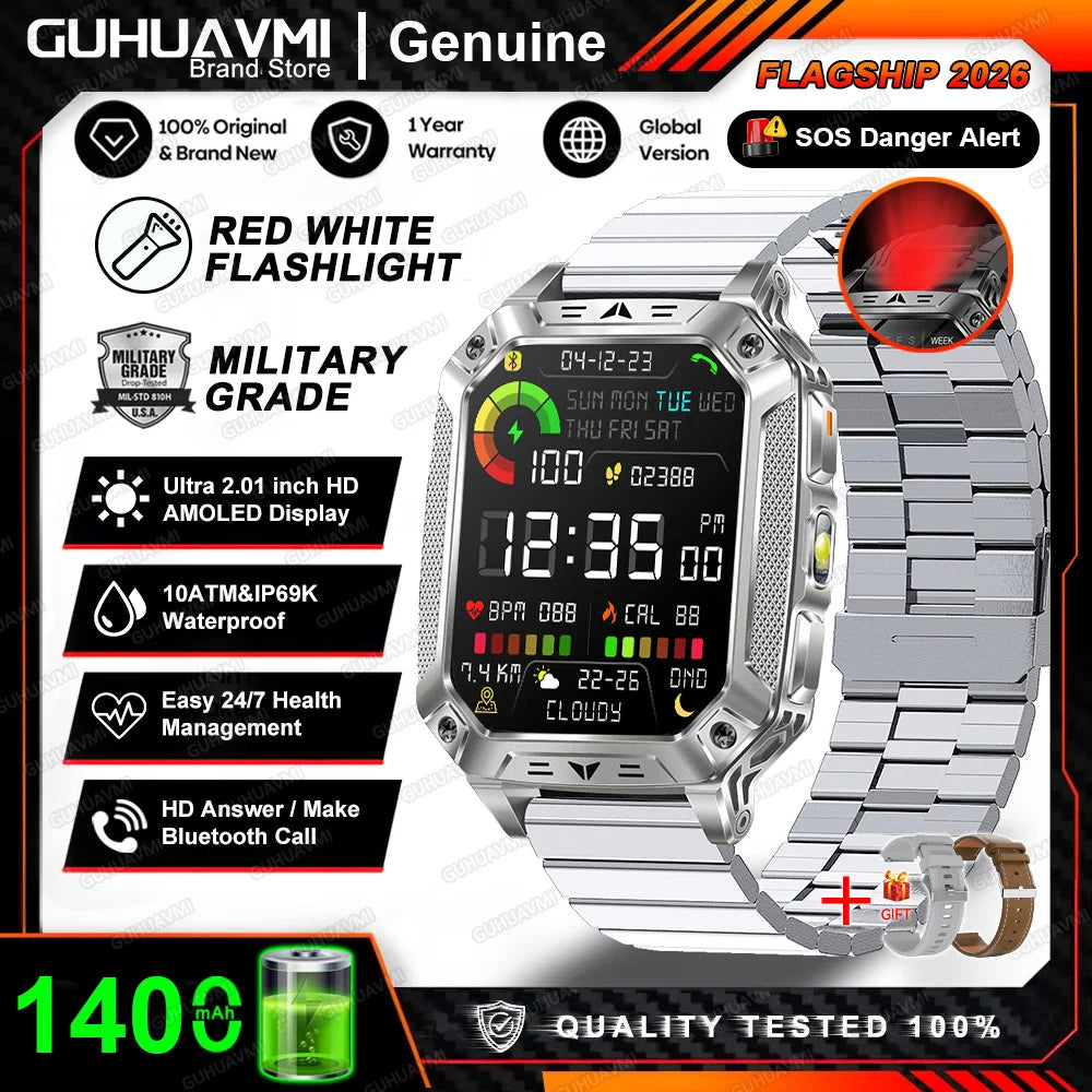 2026 New 1400mAh Big Battery Smart Watch Men Outdoor GPS Flashlight 10ATM Waterproof Bluetooth Call AMOLED HD Sports Smartwatch