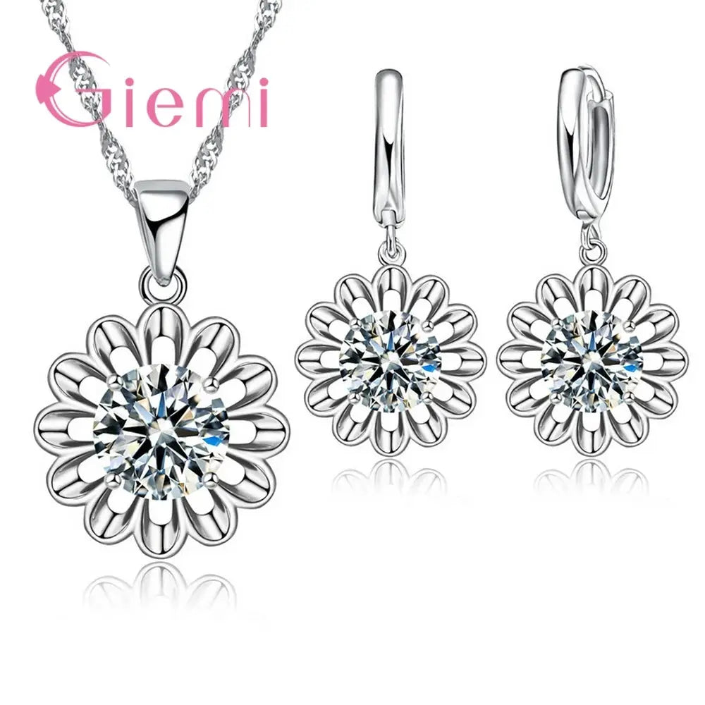 Newest Trendy Wedding Jewelry Set Women Top Quality 925 Sterling Silver Crystal Pendant Necklace Hoop Earring Big Promotion theelegancejewellery