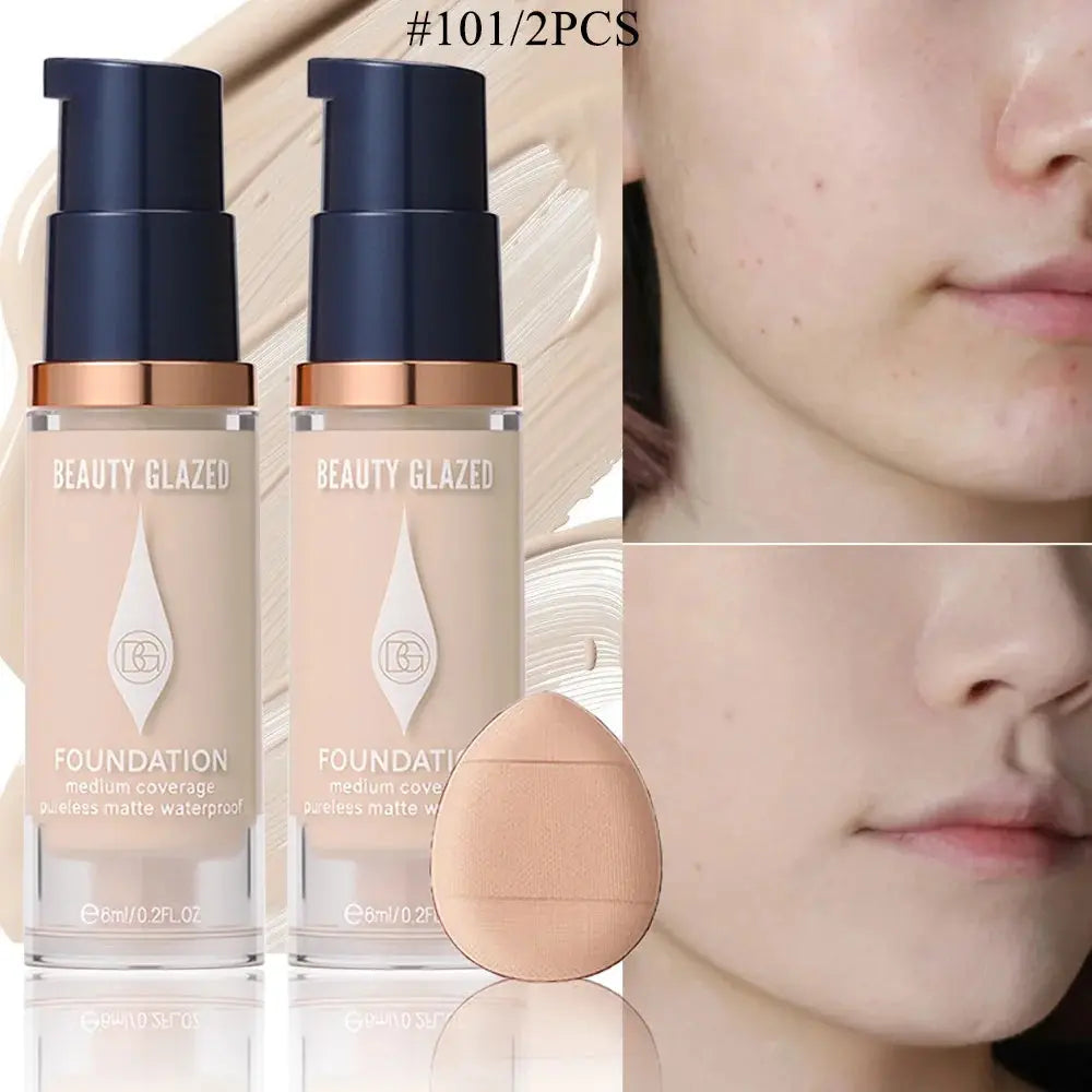 Face Foundation Makeup Set:2 Matte Foundation+1 Puff,Full Coverage,5 Shades,For All Skin Types,Long-Lasting Waterproof,Mini Size theelegancejewellery