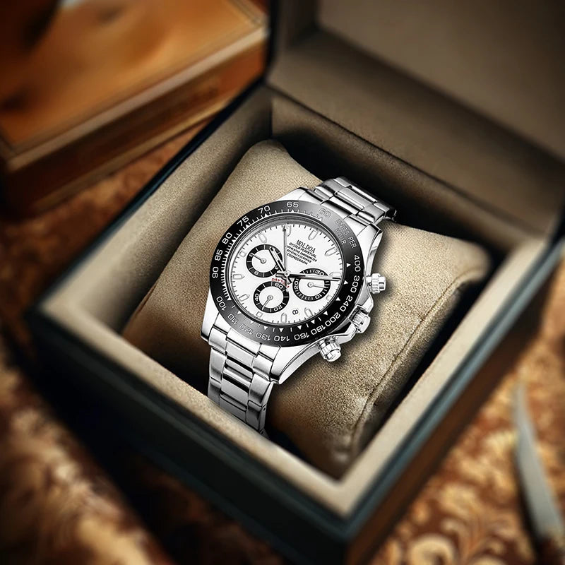 A men's silver and black business-casual niche three-dial calendar watch with a steel strap