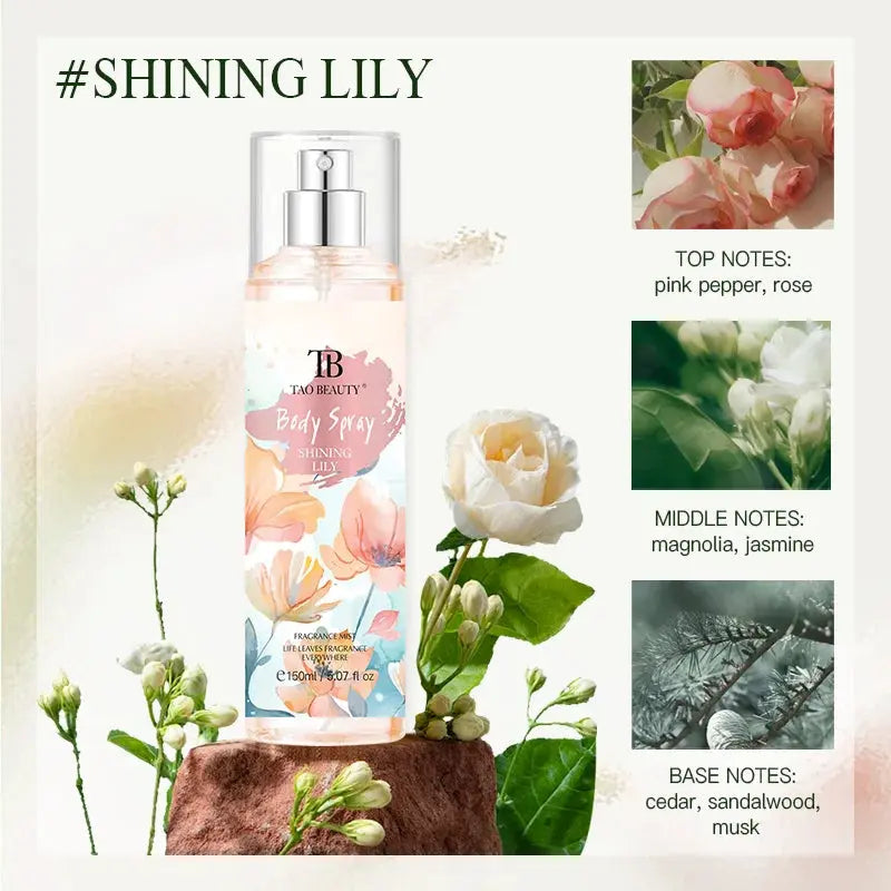 The fragrance spray has a long-lasting, faint floral scent with a fruity note. It is a fragrance body spray without alcohol. theelegancejewellery