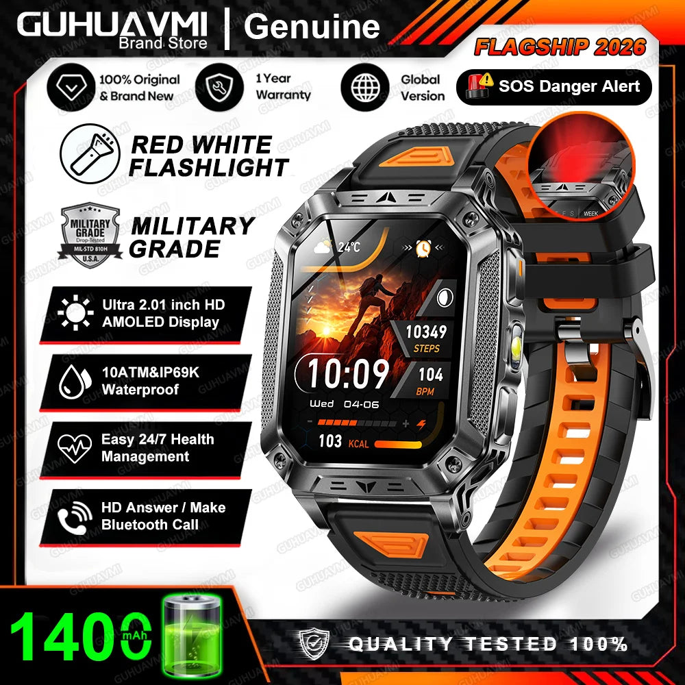 2026 New 1400mAh Big Battery Smart Watch Men Outdoor GPS Flashlight 10ATM Waterproof Bluetooth Call AMOLED HD Sports Smartwatch