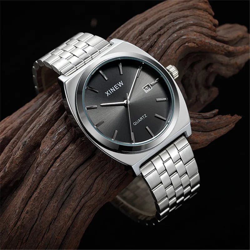 Genuine XINEW Brand Men Watches Silver Students Boys Fashion Full Stainless Steel Band Date Quartz Watch Relogios Masculinos