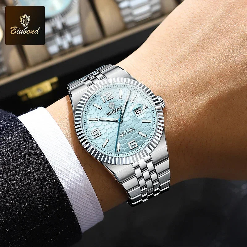 BINBOND Top Business Men's Watches Stainless Steel Textured Luminous Dial Leisure Quartz Watch Waterproof Outdoor Sports Watch