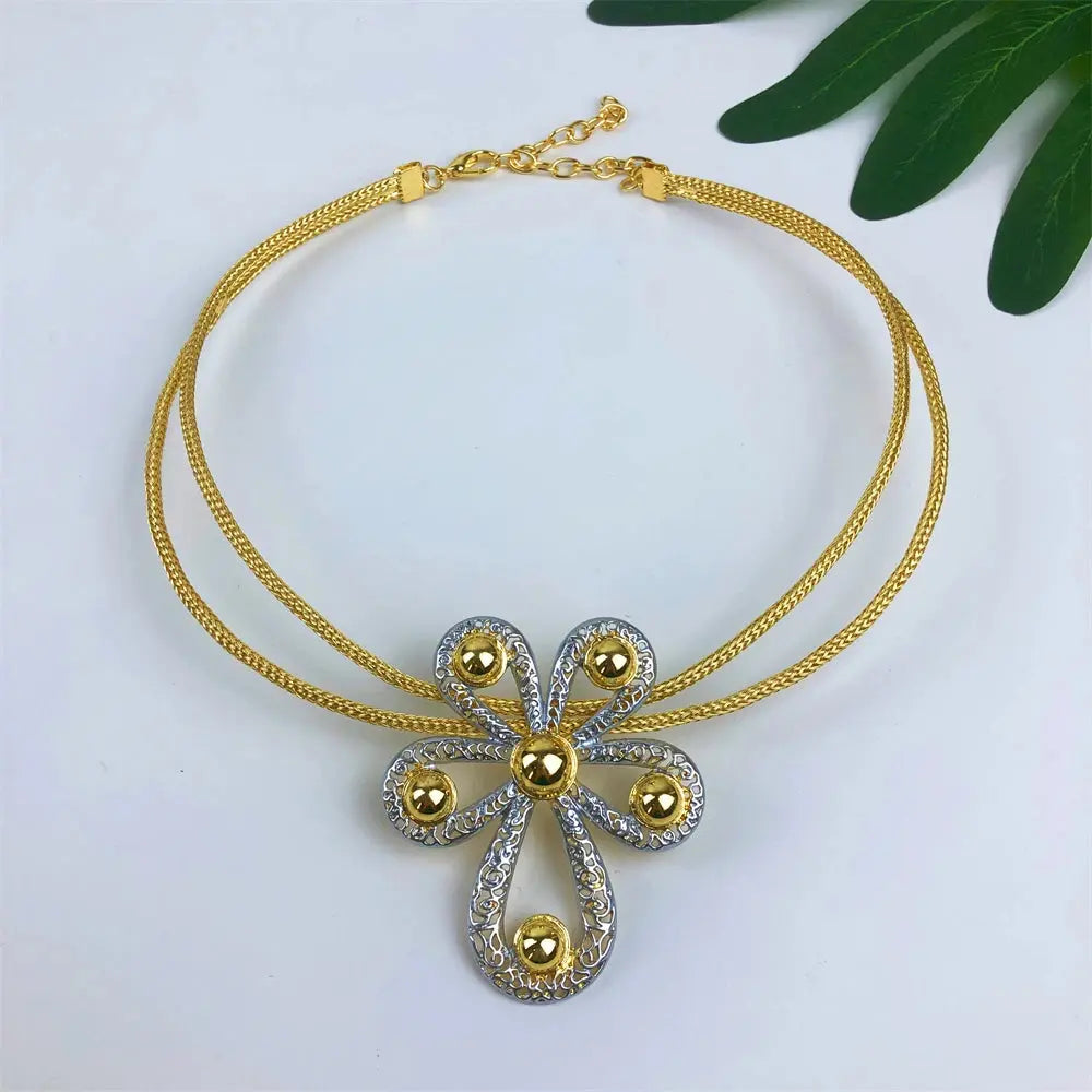 ESALE New Women Jewelry Two Tone Classic Design Necklace Set Flower Earrings Bracelet And Ring Full Set Jewelry Party Trending theelegancejewellery