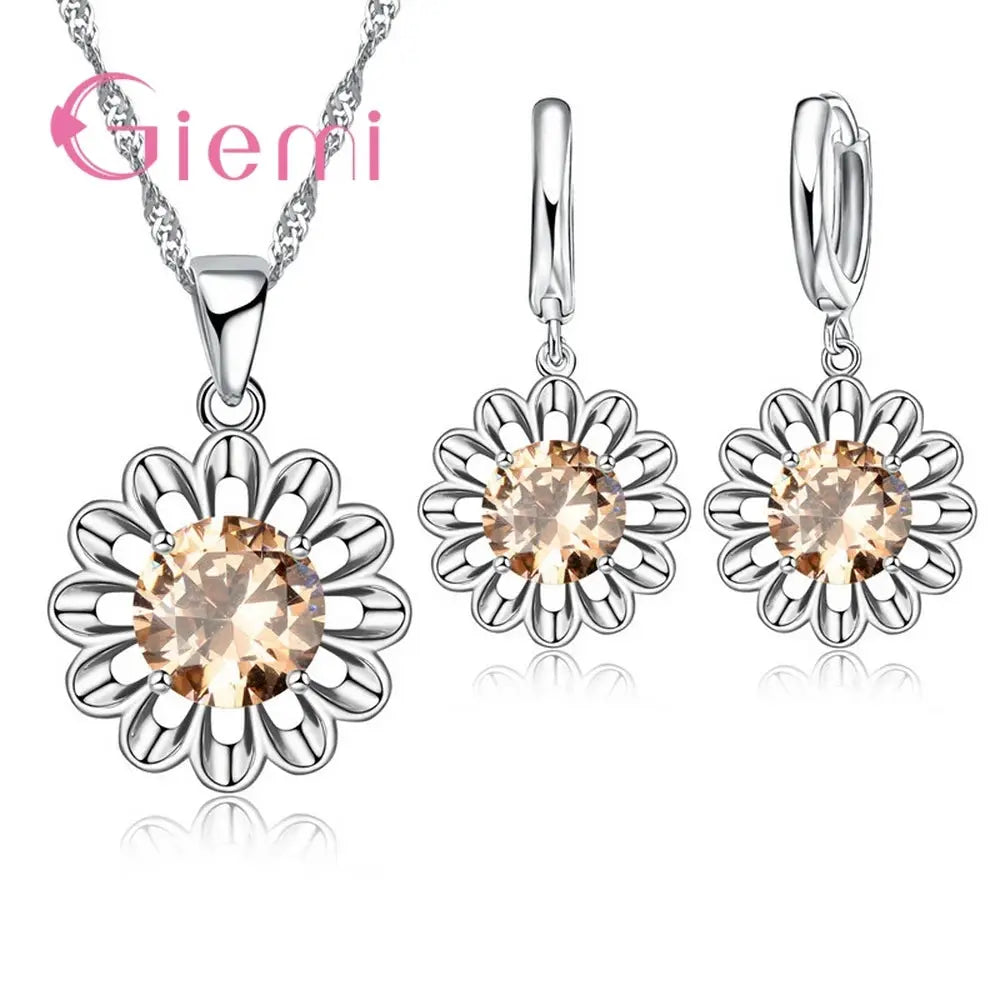 Newest Trendy Wedding Jewelry Set Women Top Quality 925 Sterling Silver Crystal Pendant Necklace Hoop Earring Big Promotion theelegancejewellery