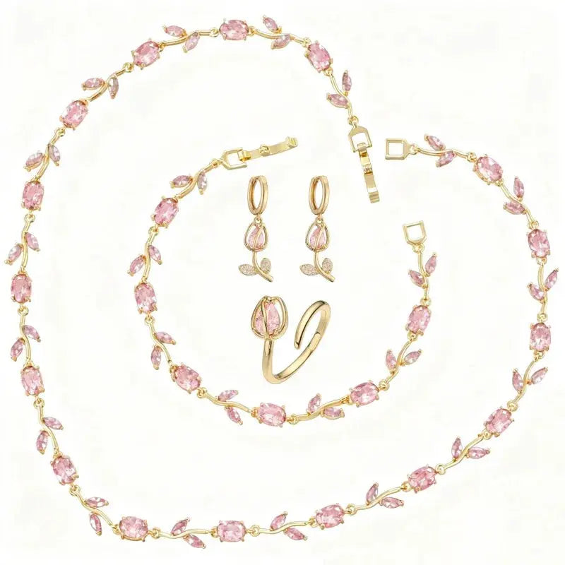 Exquisite Tulip Jewellery Set Includes (Earrings, Necklace, Bracelet, Ring) A Complete Evening Ensemble for the Lady theelegancejewellery