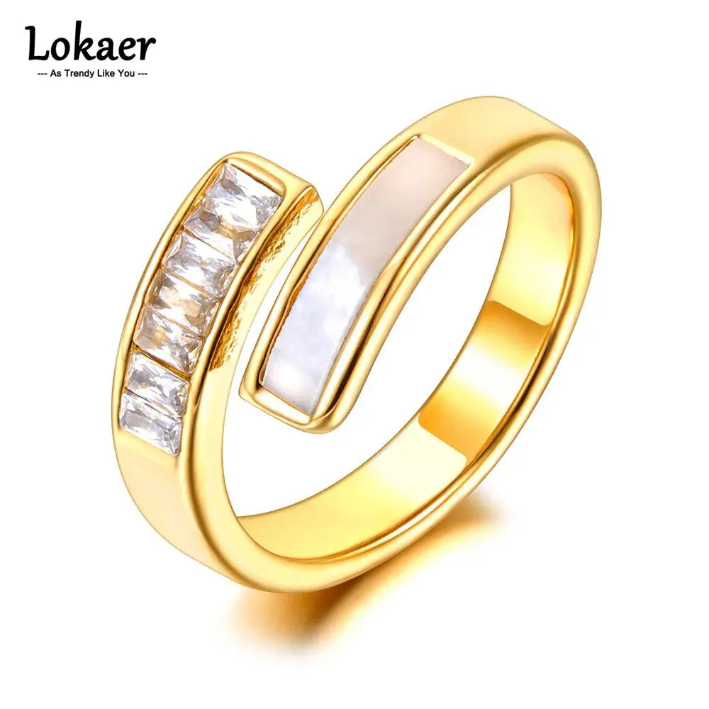 Lokaer Fashion Cubic Zirconia Stainless Steel Waterproof Geometric Ring for Women White Shell Charm Personalized Jewelry R23016 EleganceJewellery