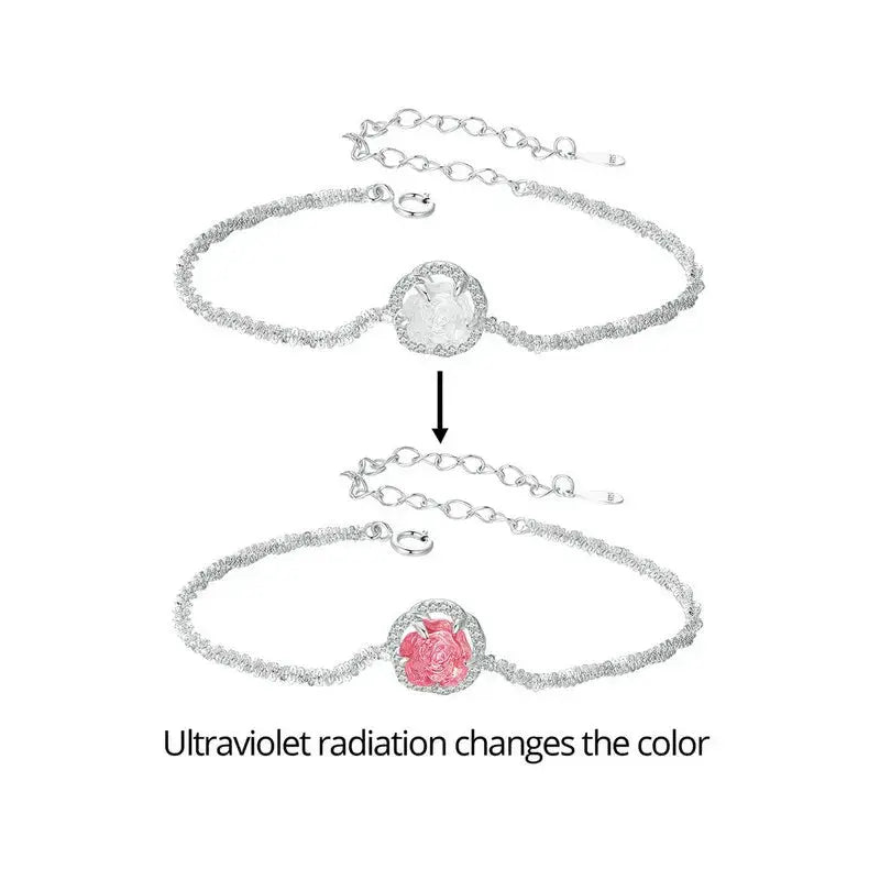 WOSTU 925 Sterling Silver Change Color Flower Link Bracelet Women Romantic Pink Rose Flowers Charm Bracelets Party Jewelry Gift EleganceJewellery