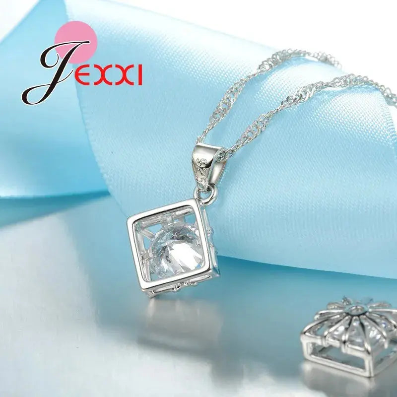 Trendy Women Wedding Jewelry Set 925Sterling Silver Color Color Austrian Crystal Pendant Fashion Necklace + Earrings Set theelegancejewellery