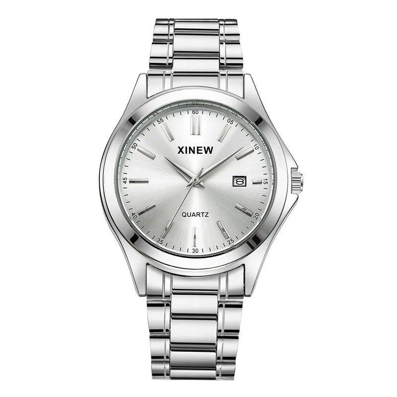 Genuine XINEW Brand Men Watches Silver Students Boys Fashion Full Stainless Steel Band Date Quartz Watch Relogios Masculinos