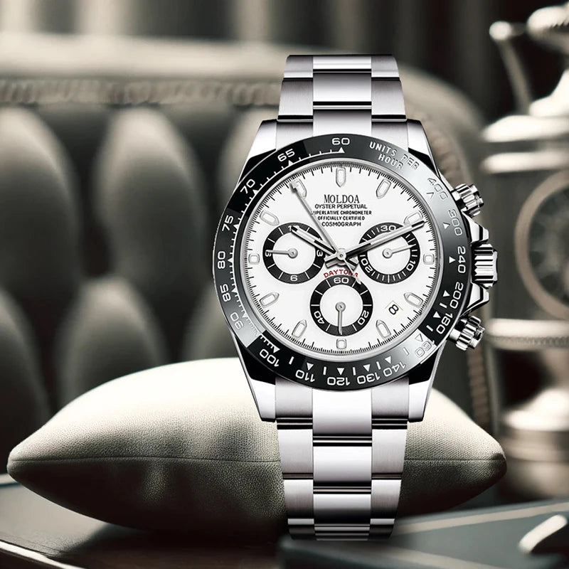 A men's silver and black business-casual niche three-dial calendar watch with a steel strap