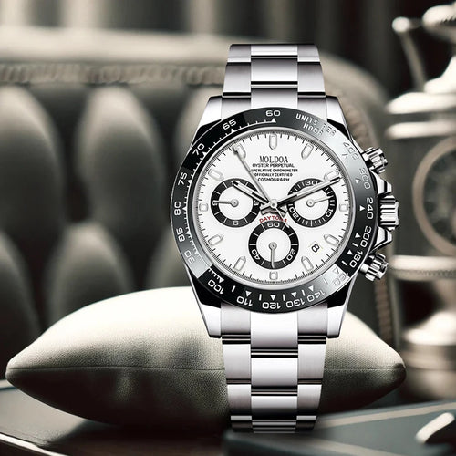 A men's silver and black business-casual niche three-dial calendar watch with a steel strap