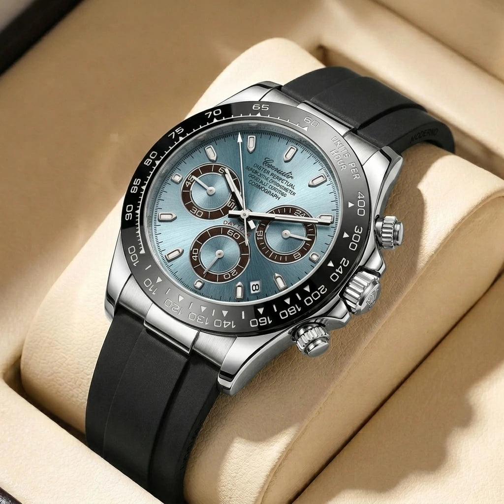 A men's silver and black business-casual niche three-dial calendar watch with a steel strap