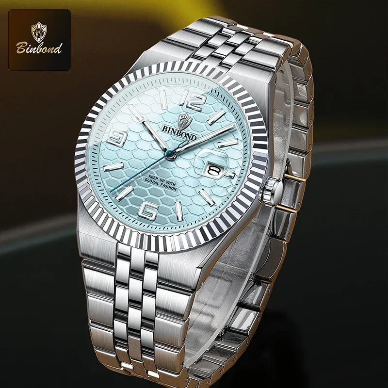 BINBOND Top Business Men's Watches Stainless Steel Textured Luminous Dial Leisure Quartz Watch Waterproof Outdoor Sports Watch