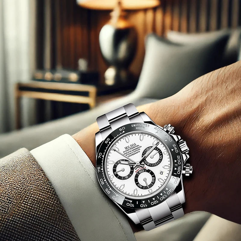 A men's silver and black business-casual niche three-dial calendar watch with a steel strap