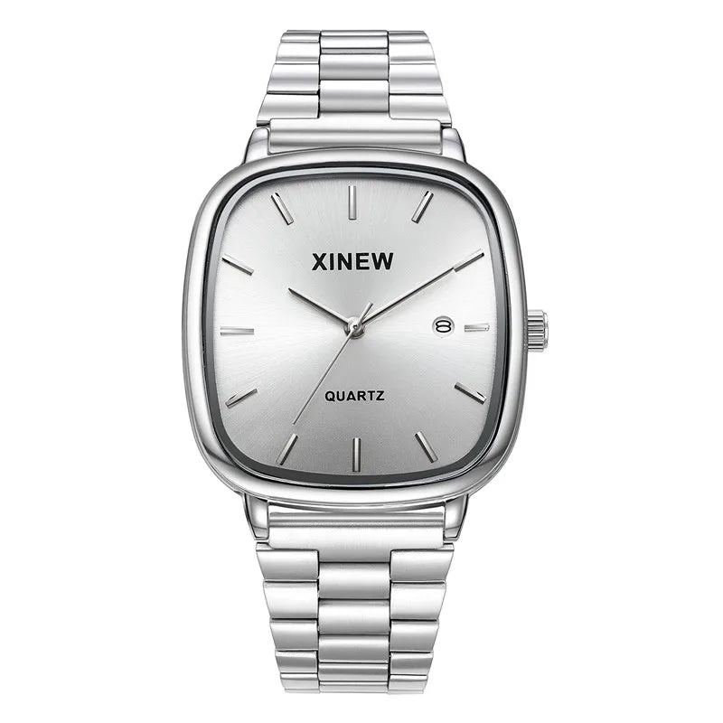 Genuine XINEW Brand Men Watches Silver Students Boys Fashion Full Stainless Steel Band Date Quartz Watch Relogios Masculinos